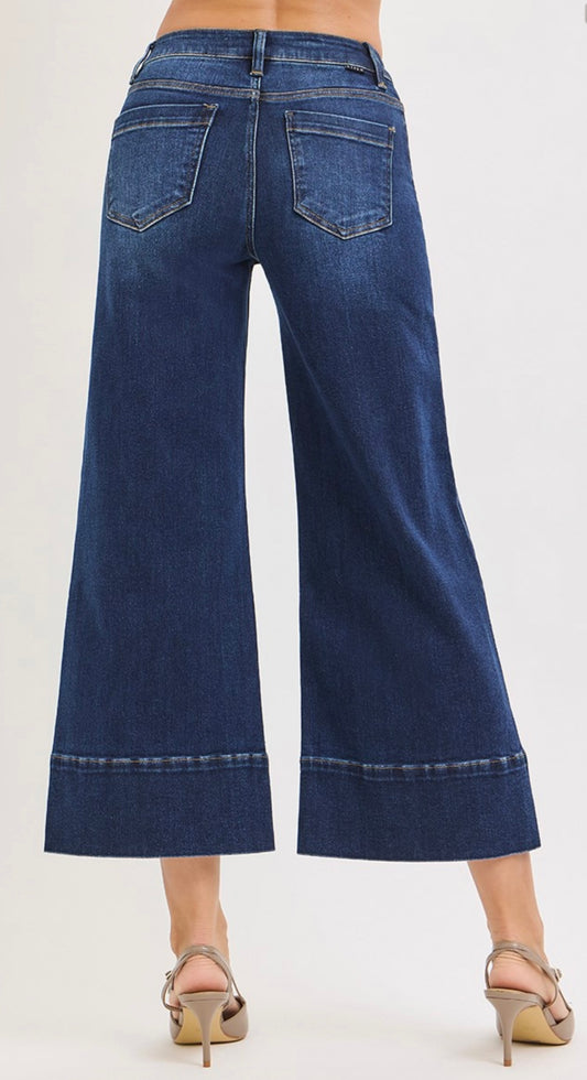 Risen-TUMMY CONTROL MID RISE CROP WIDE PINTUCK FRONT JEANS