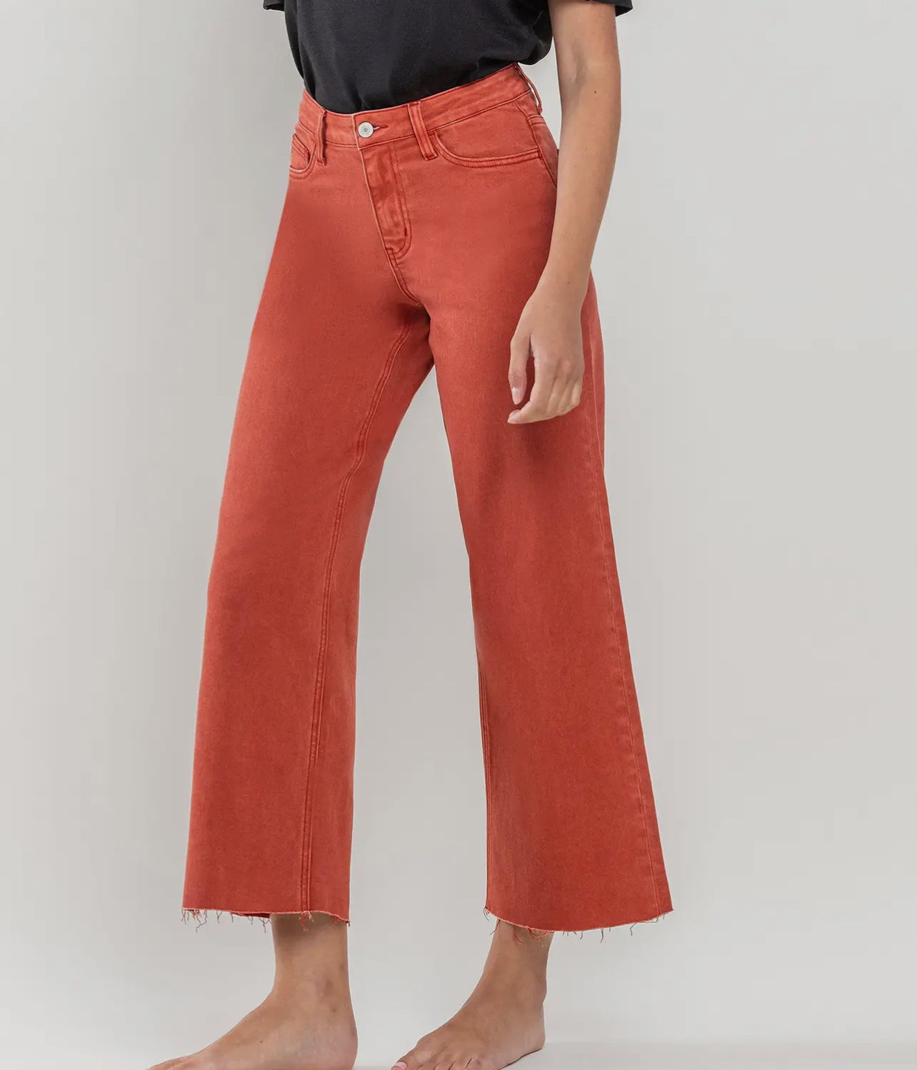 High Rise Clean Cut Raw Hem Wide Leg Jeans