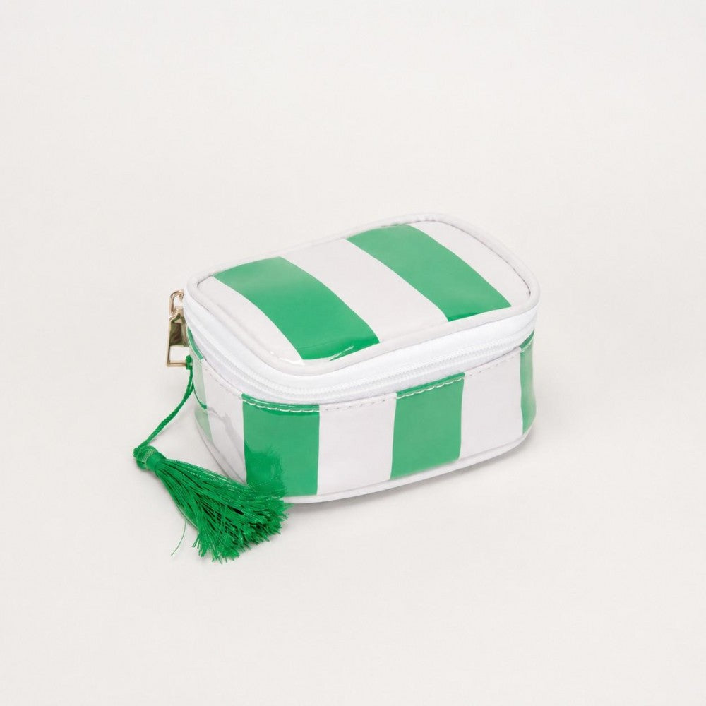 Green and white striped pouch with a tassel on a light gray background