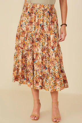 BB - Bohemian Floral Elastic Waist Tiered Skirt