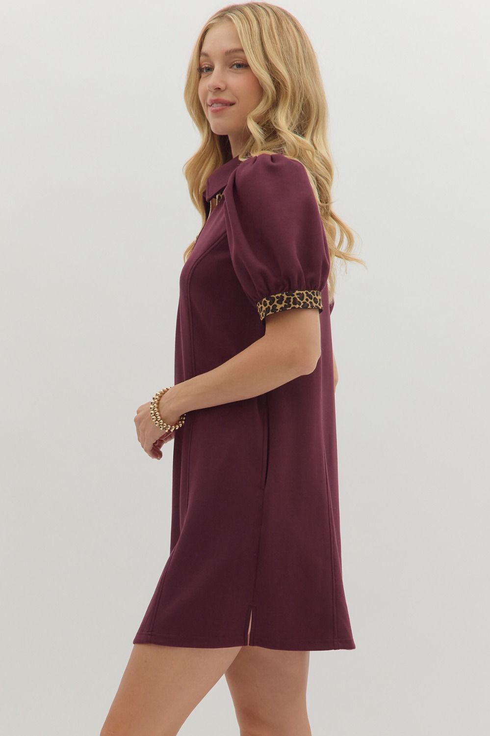 Burgundy Puff Sleeve Mini Dress