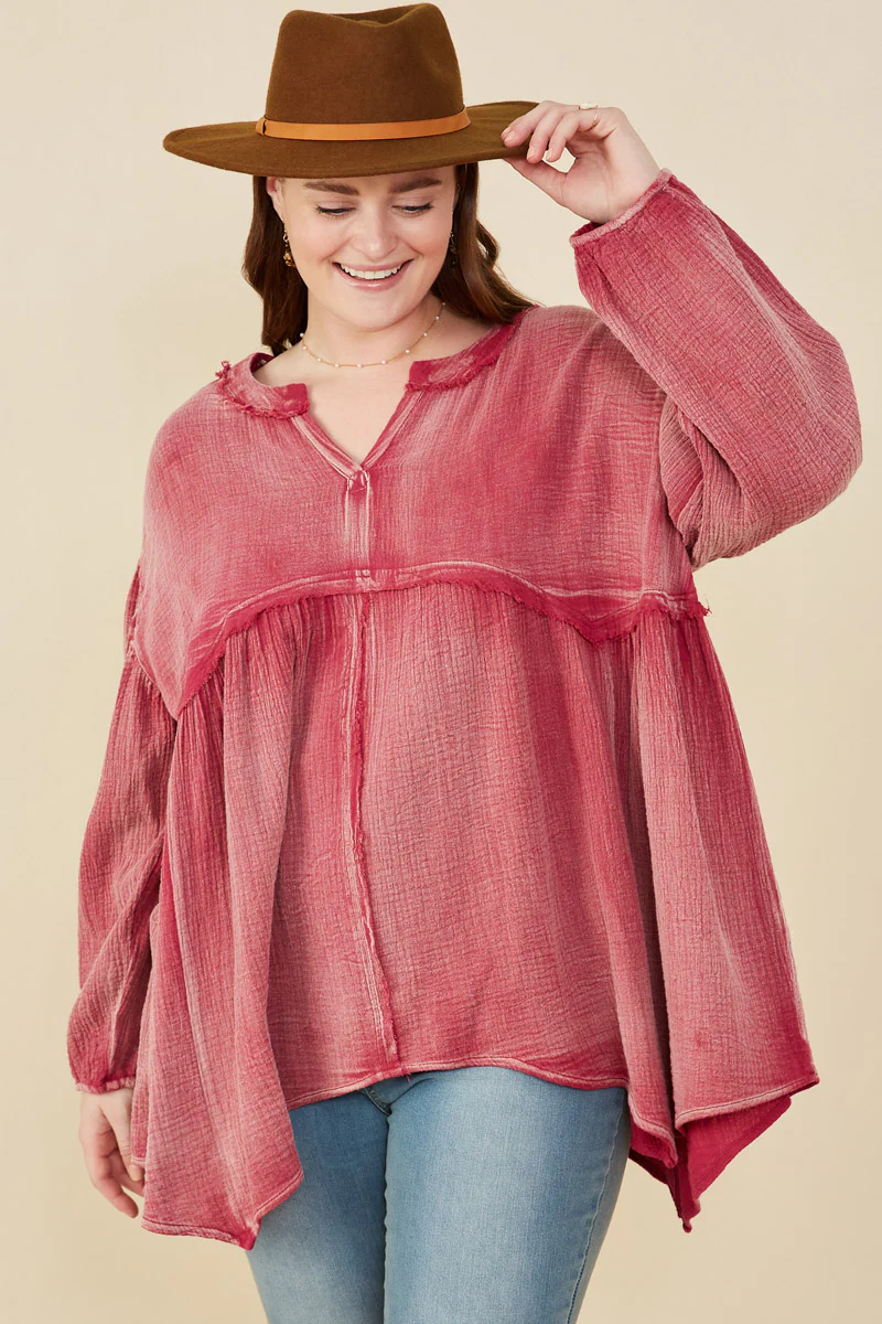 Washed Raw Edge Puff Sleeve Peplum Top