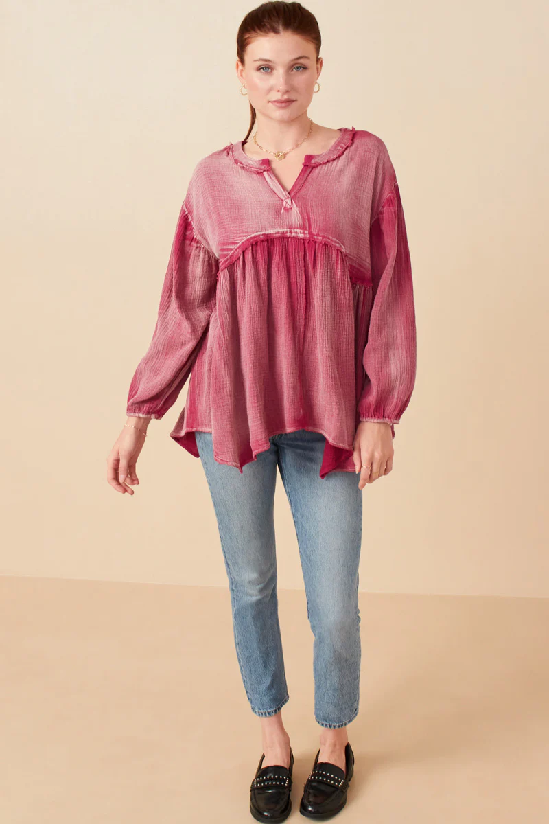 Washed Raw Edge Puff Sleeve Peplum Top