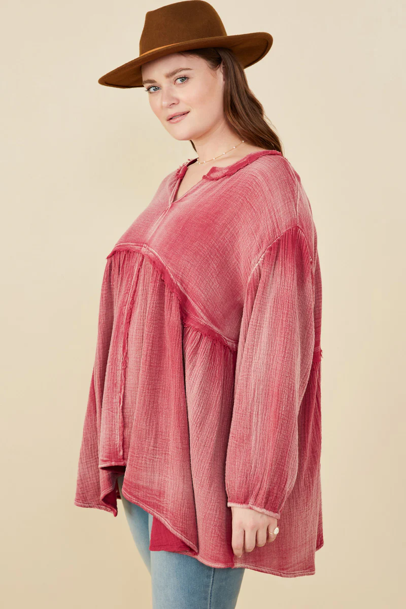 Washed Raw Edge Puff Sleeve Peplum Top