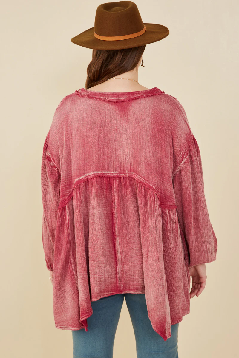 Washed Raw Edge Puff Sleeve Peplum Top