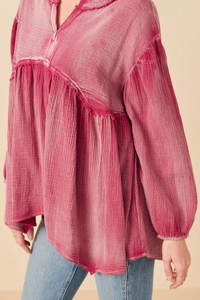 Washed Raw Edge Puff Sleeve Peplum Top