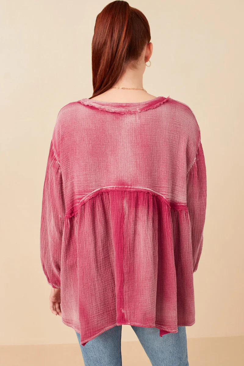 Washed Raw Edge Puff Sleeve Peplum Top