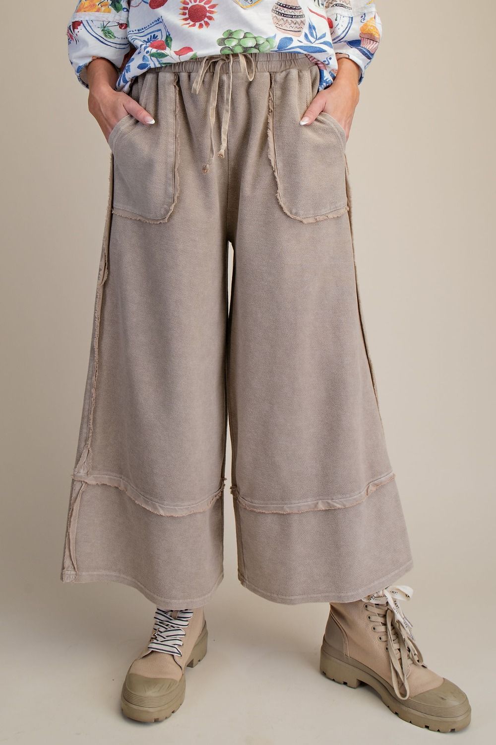 Mushroom • Mineral Washed Terry Knit Palazzo Pants