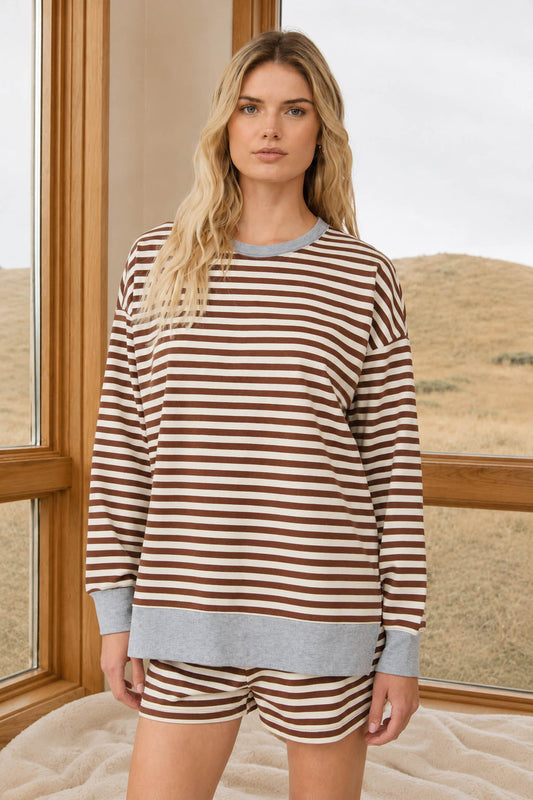 Blu Pepper-STRIPED BOXY LONG SLEEVE CONTRAST KNIT TOP & short set