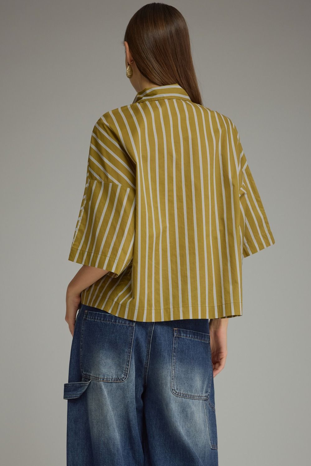 Entro-Stripe print elbow-length wide sleeve top with a neck tie and cropped length.