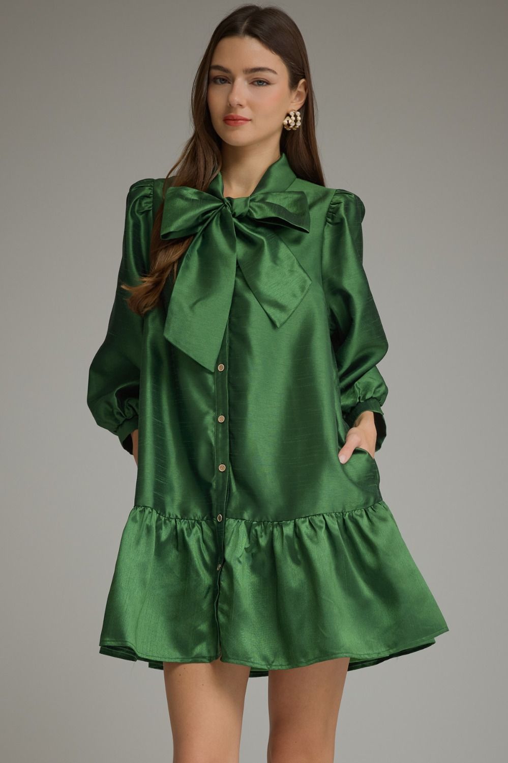 Entro-Solid metallic ¾ balloon sleeve mini dress with a self-tie bow at neck
