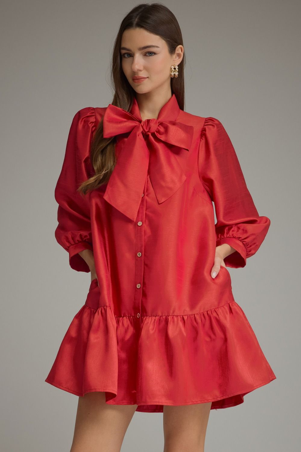 Entro-Solid metallic ¾ balloon sleeve mini dress with a self-tie bow at neck