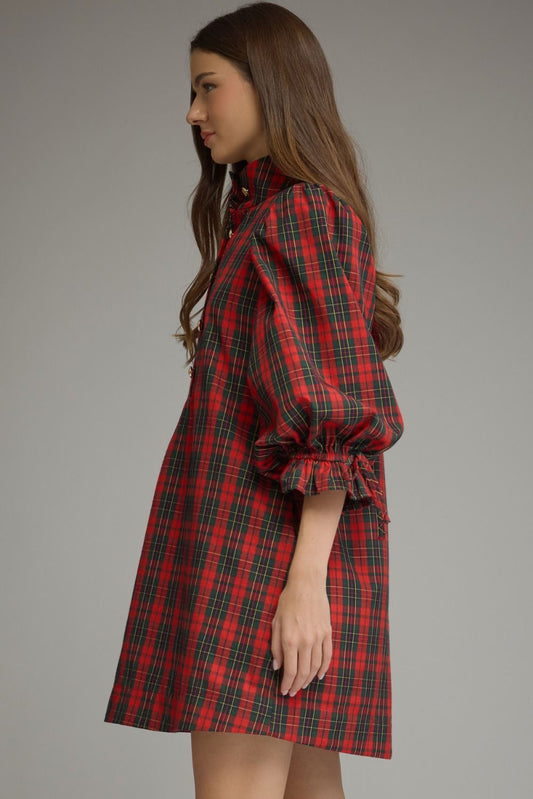 Entro- Plaid ¾ balloon sleeve mini dress featuring a stand neck and button closure at front