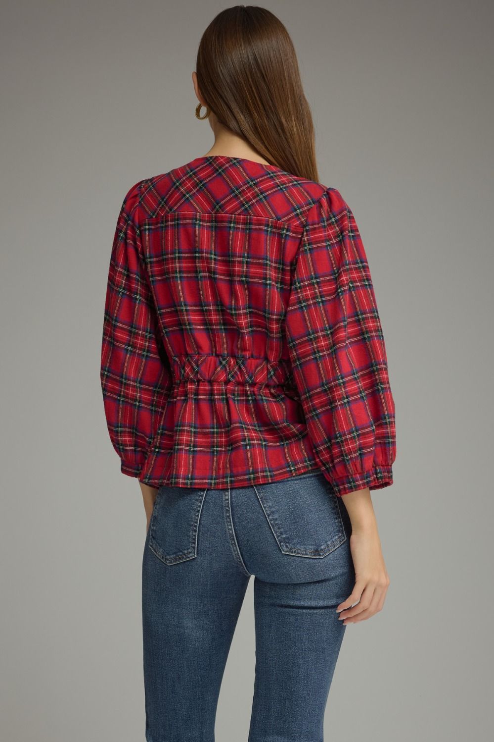 Entro- Plaid ¾ puff sleeve top with a round neckline and button closure at front