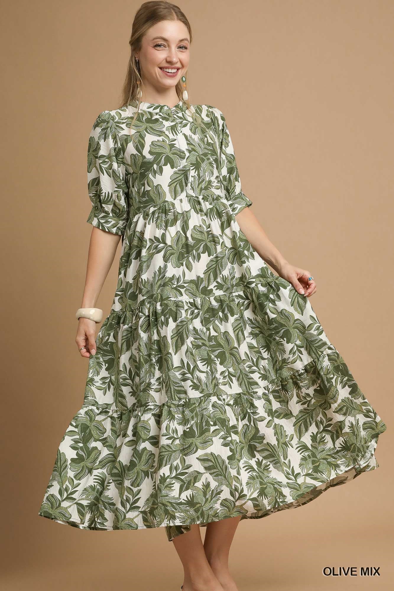 Boho Leaf Print Tiered Midi Dress