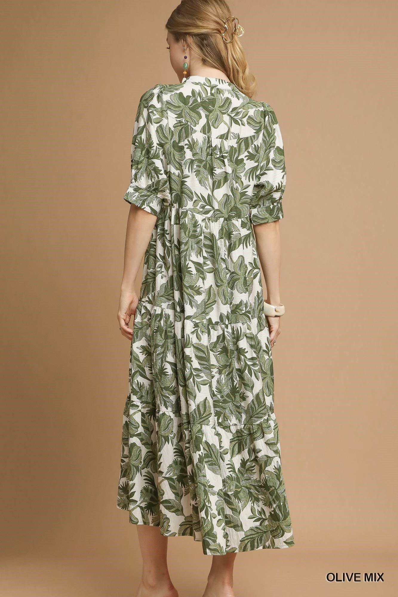 Boho Leaf Print Tiered Midi Dress