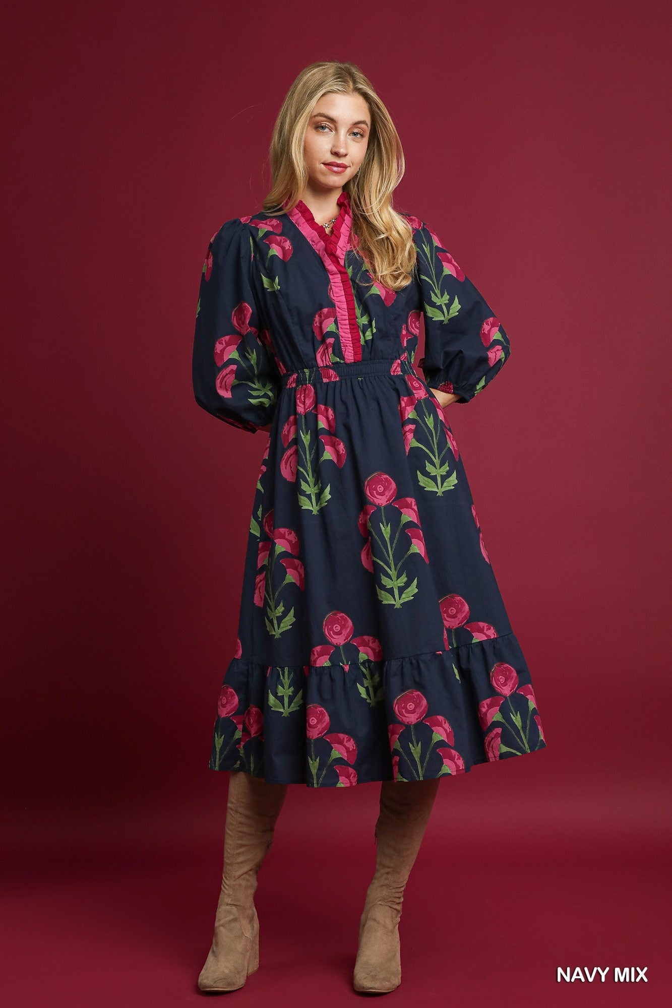 Floral Midi Dress with Ruffle Trim