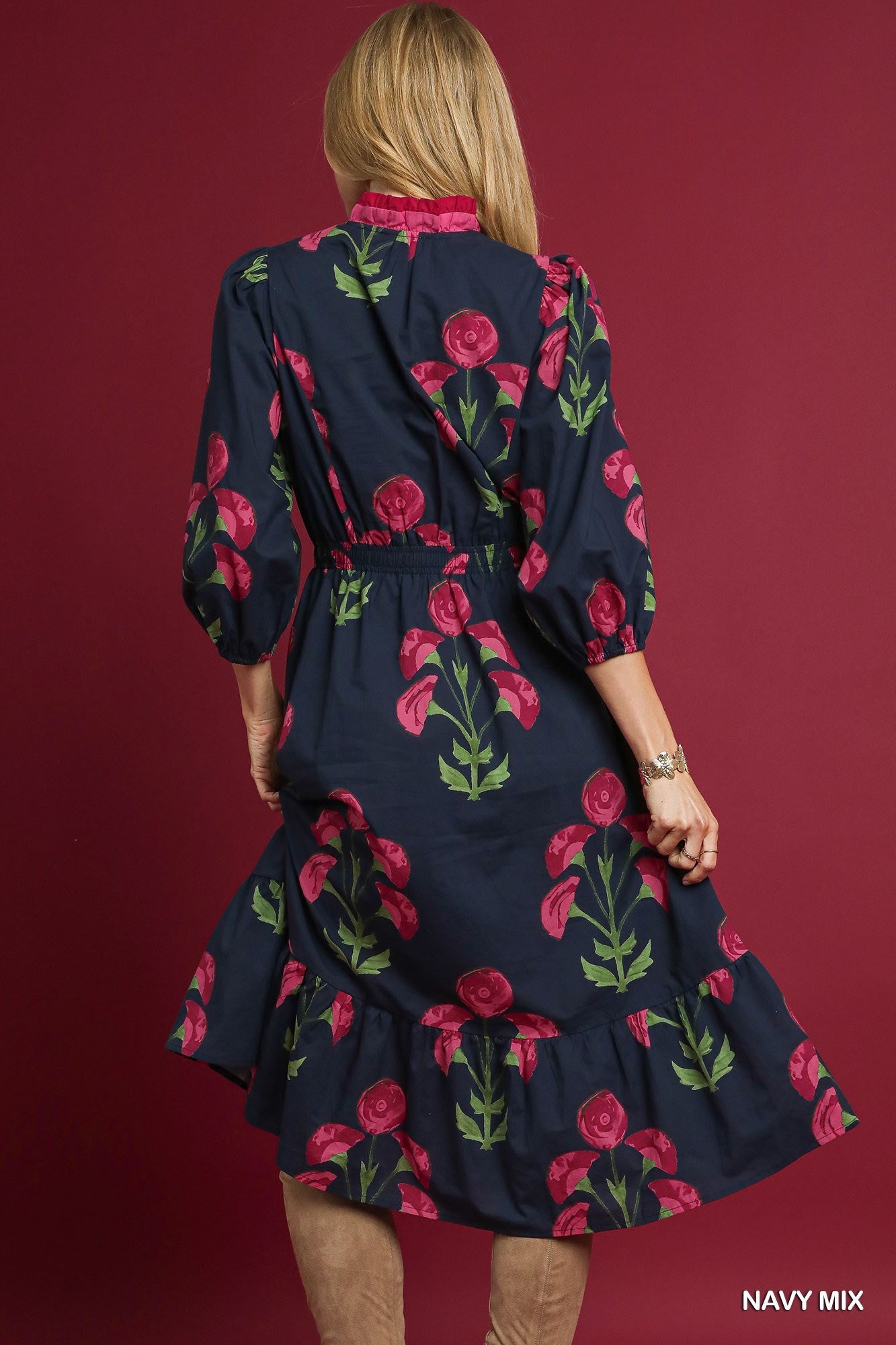 Floral Midi Dress with Ruffle Trim