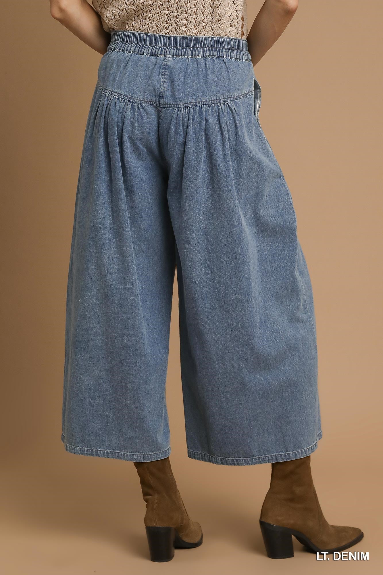 Stone Washed Wide-Leg Button-Front Culottes