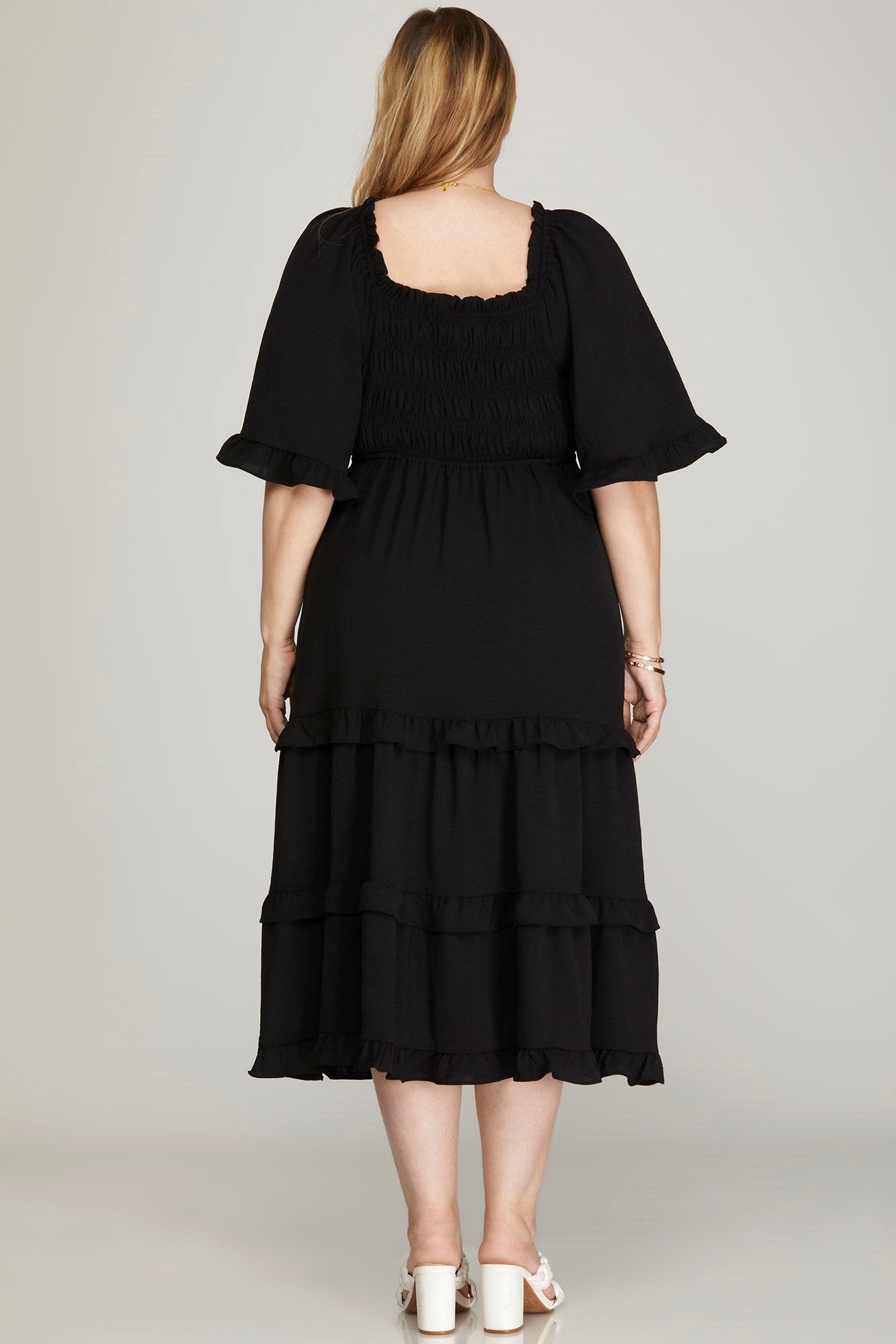 Plus- Bell Sleeve Neck Woven Dress