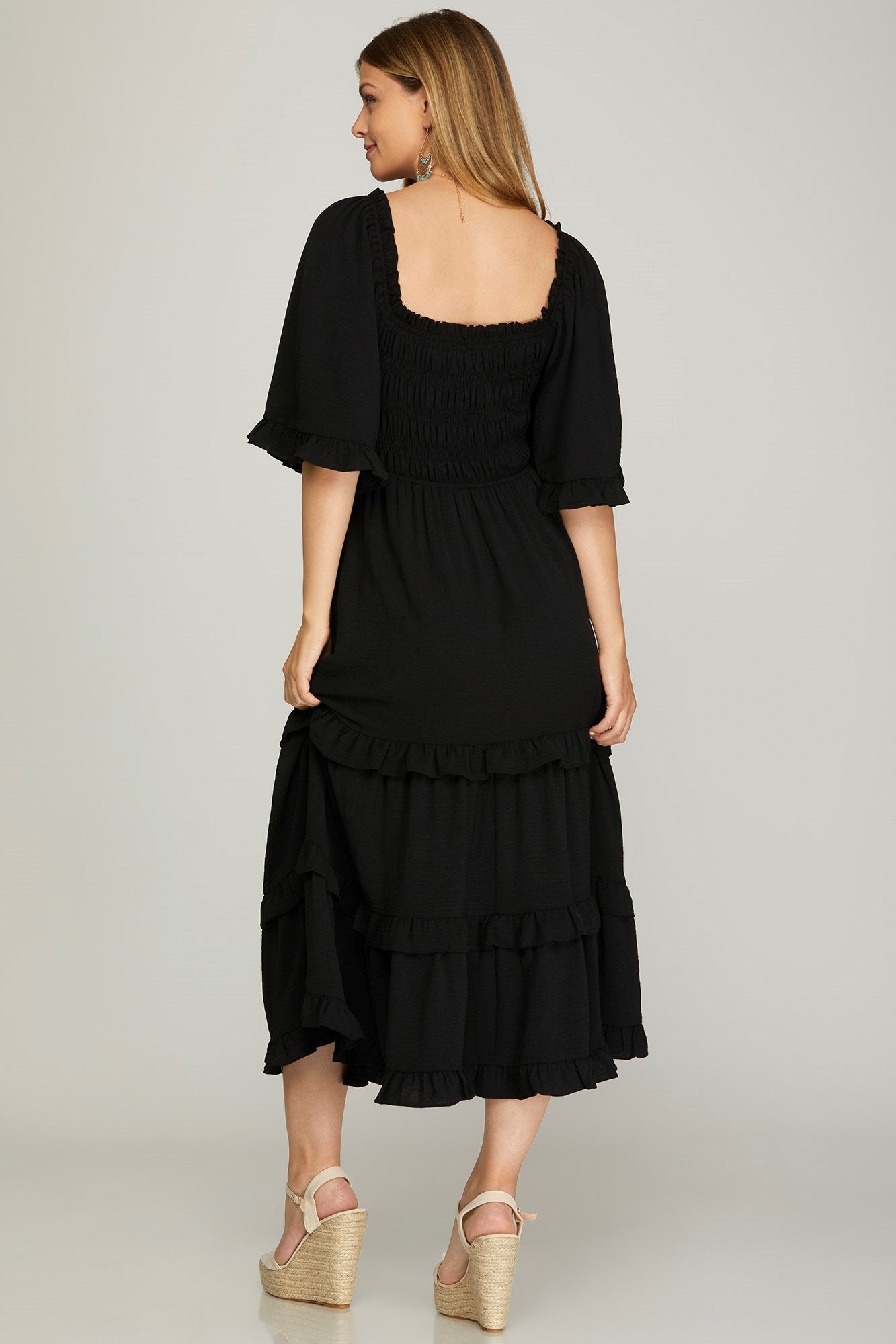 Bell Sleeve Square Neck Smocked Midi Dress