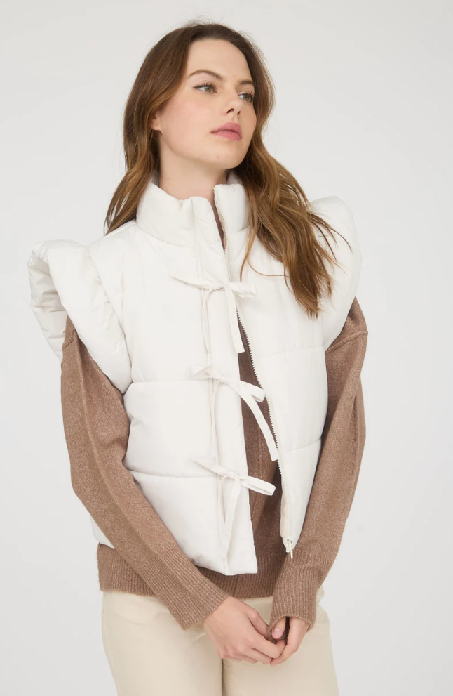 Flutter sleeve bow detail zip-up puffer vest