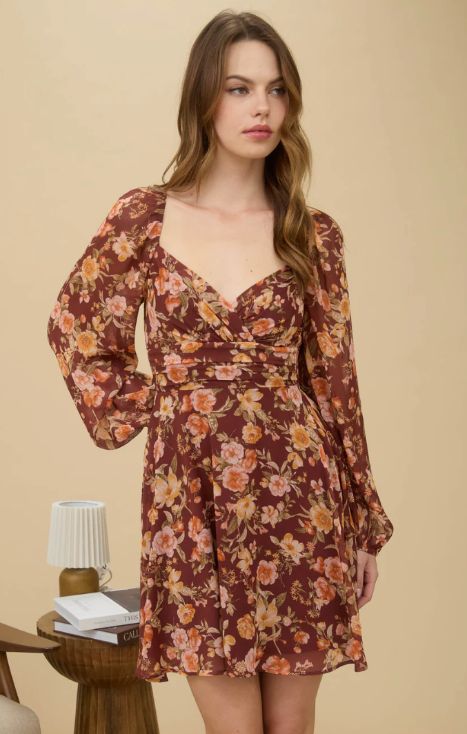 Floral sweetheart long sleeve back tie mini dress