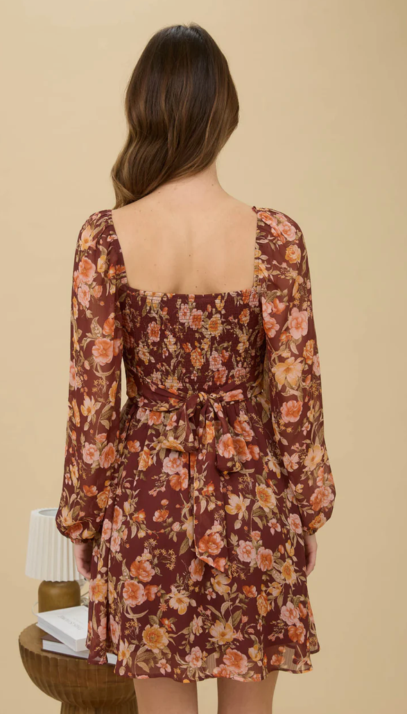 Floral sweetheart long sleeve back tie mini dress