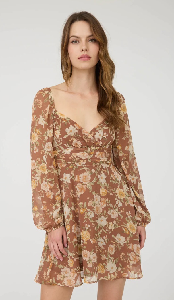 Floral sweetheart long sleeve back tie mini dress