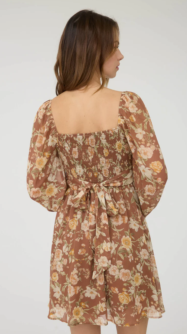 Floral sweetheart long sleeve back tie mini dress