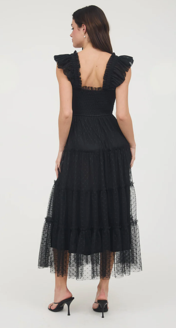 Polka dot chiffon smocked tiered midi dress