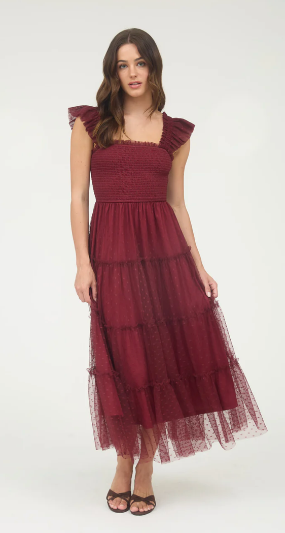Polka dot chiffon smocked tiered midi dress