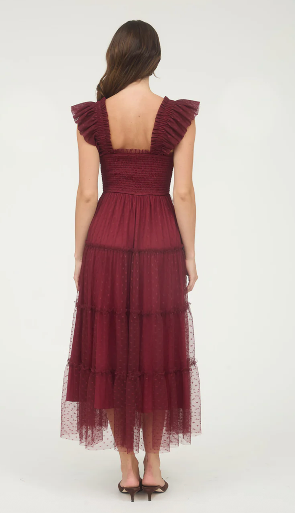 Polka dot chiffon smocked tiered midi dress