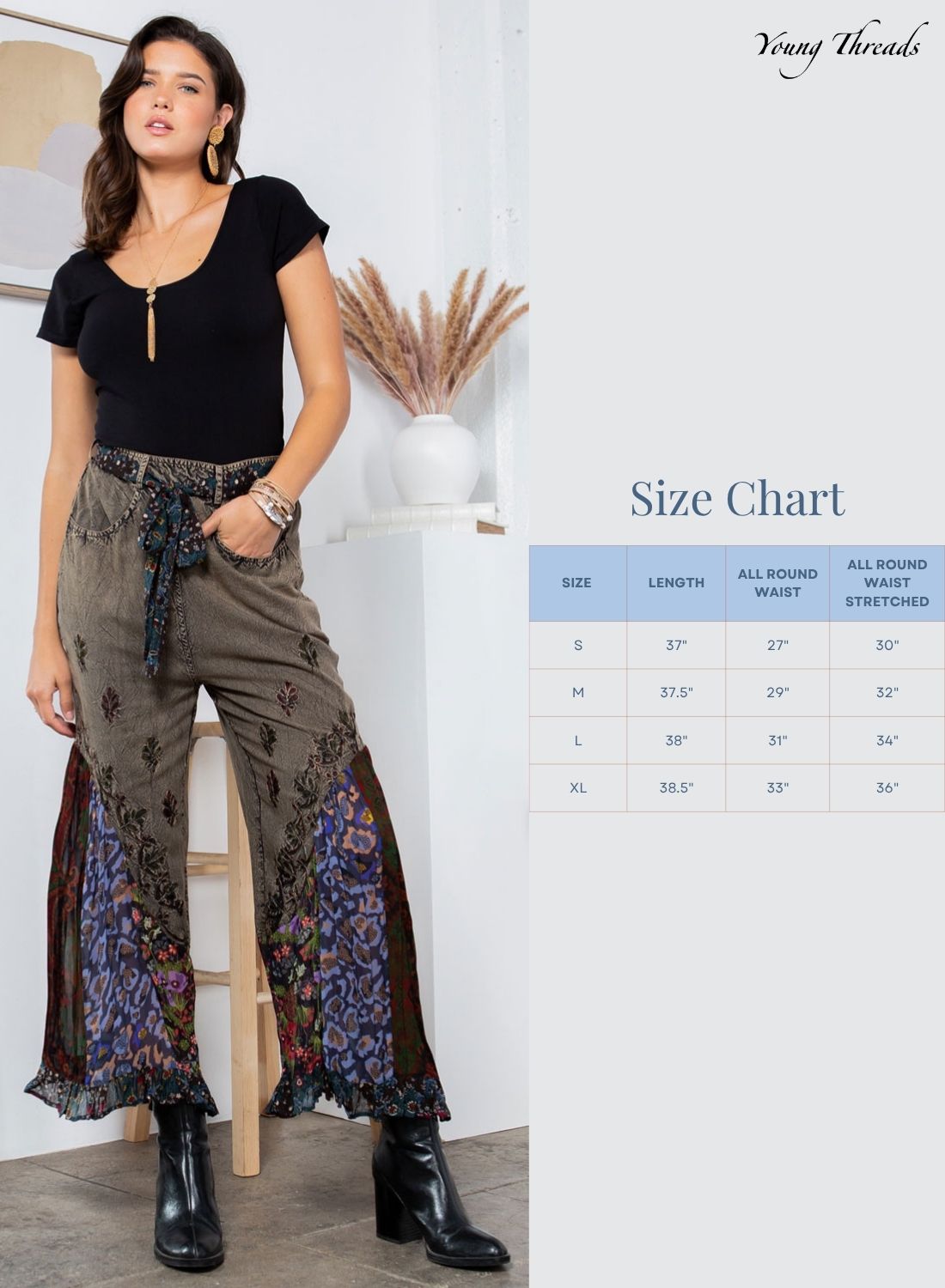 Waman wearing black top and Boho Panel Bellbottom pant