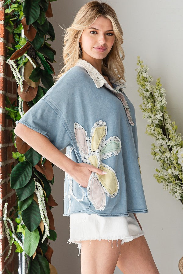 Washed Flower Patchwork Collar Shirt