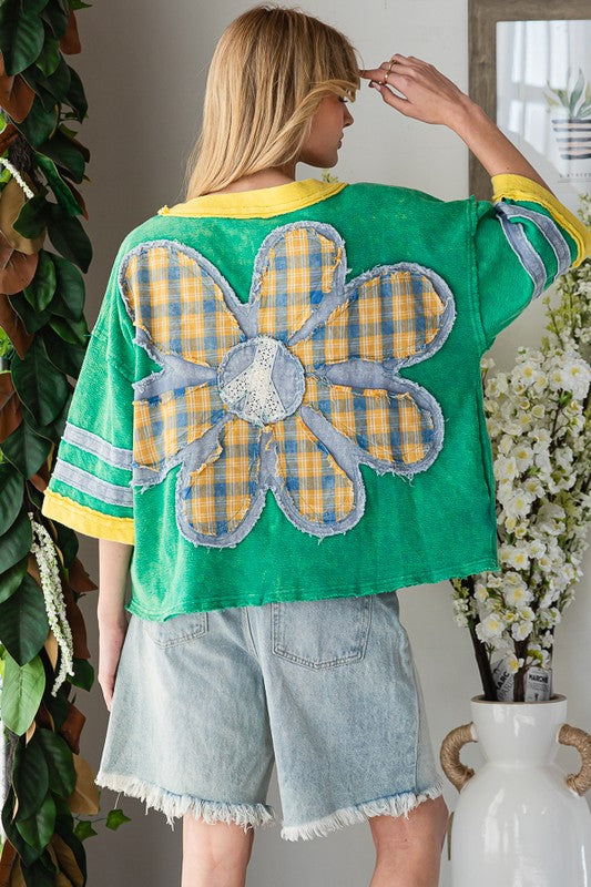 Washed Flower Patchwork Knit Top