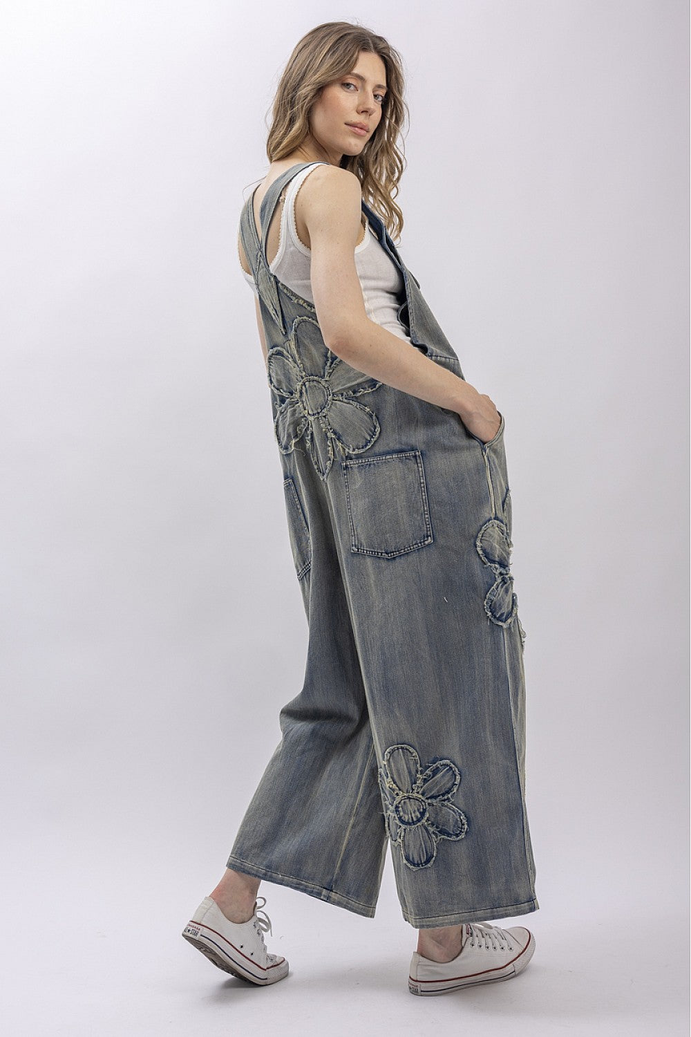 Garment-washed relaxed fit denim overalls for women