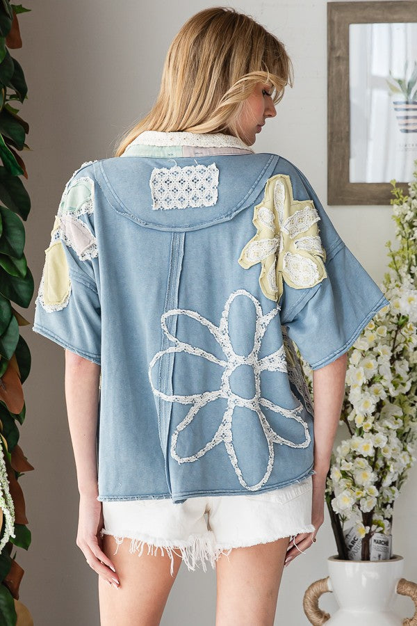 Washed Flower Patchwork Collar Shirt