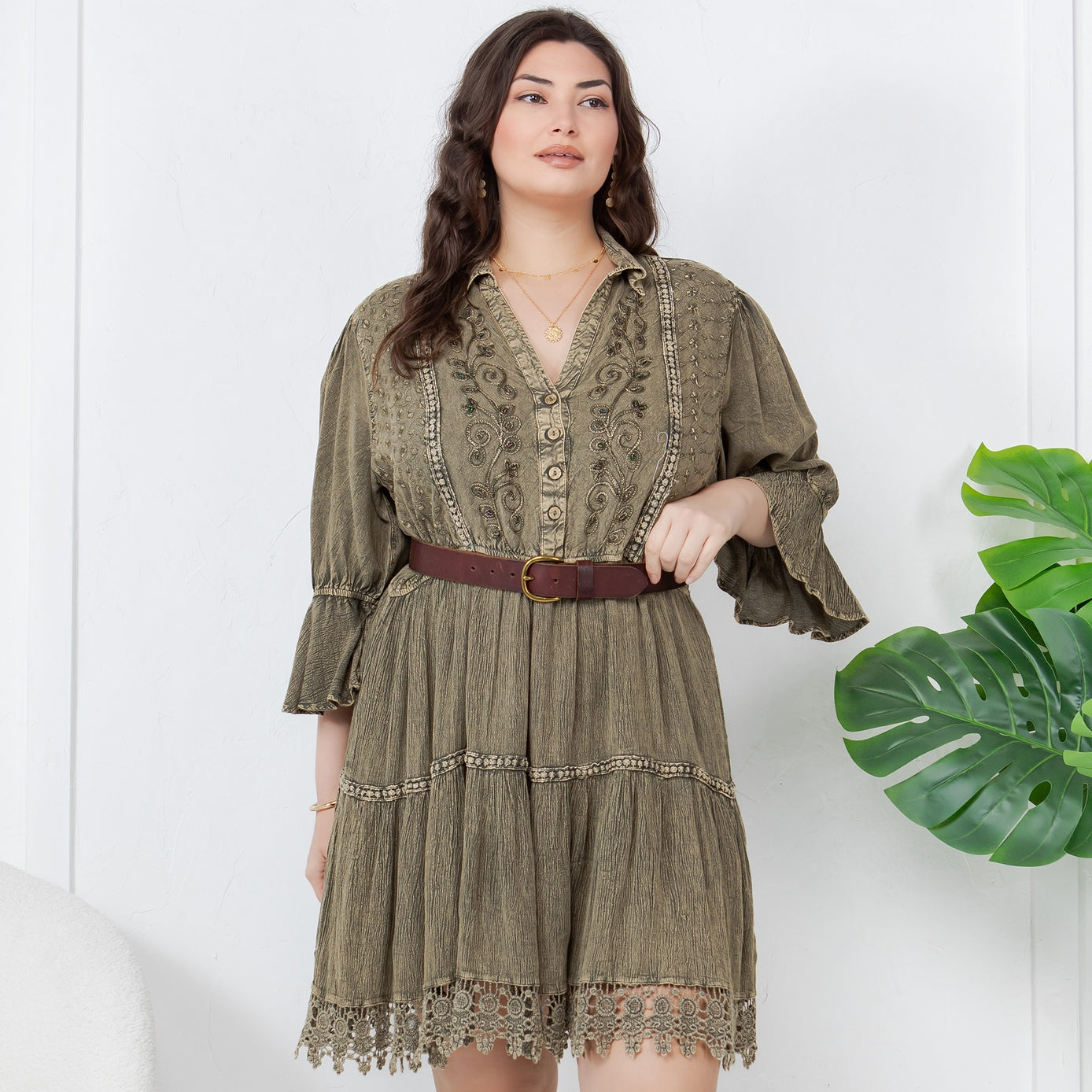 Romantic stone-washed dress available in sizes S–3X