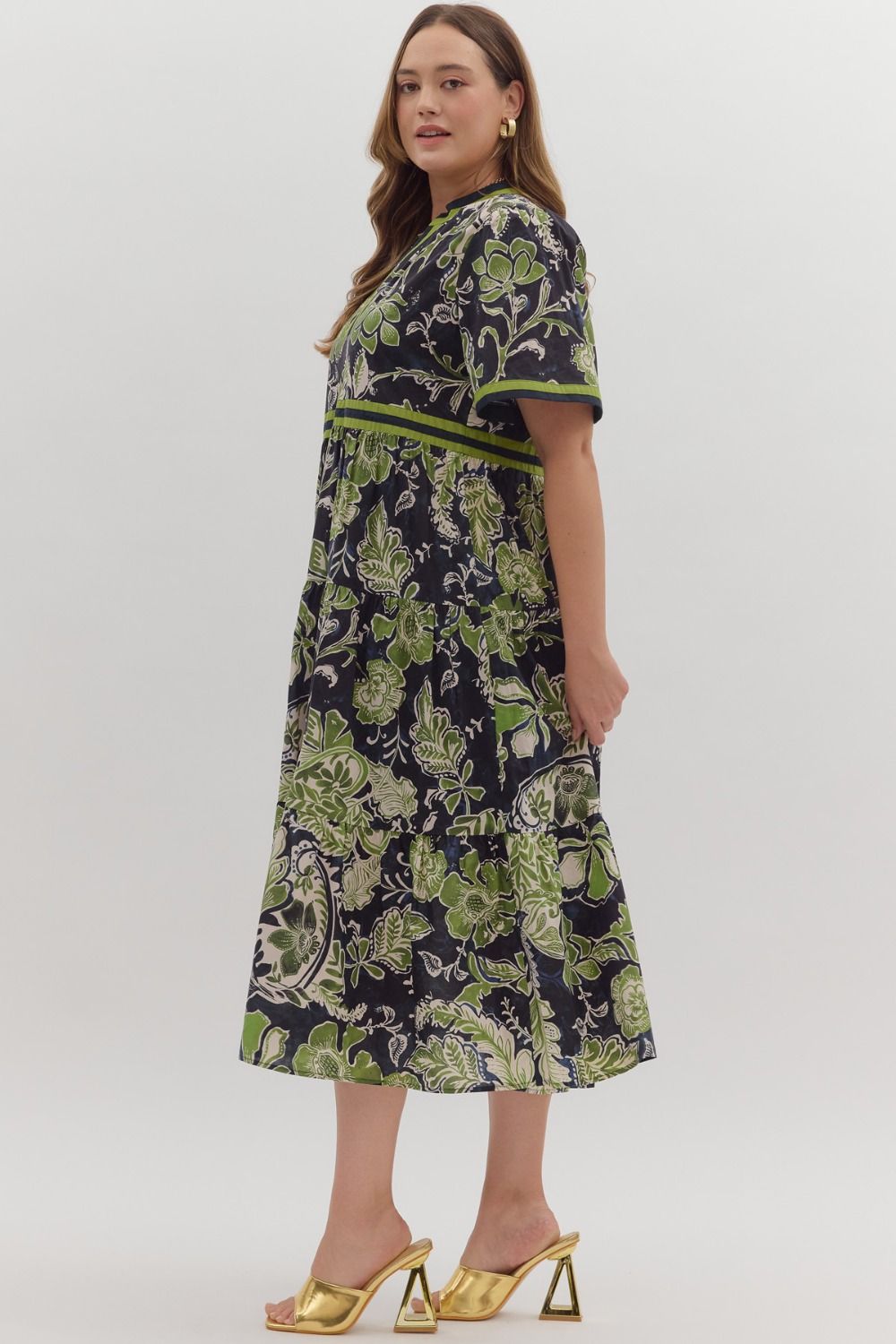 Floral Print Midi Dress with Contrast Trim