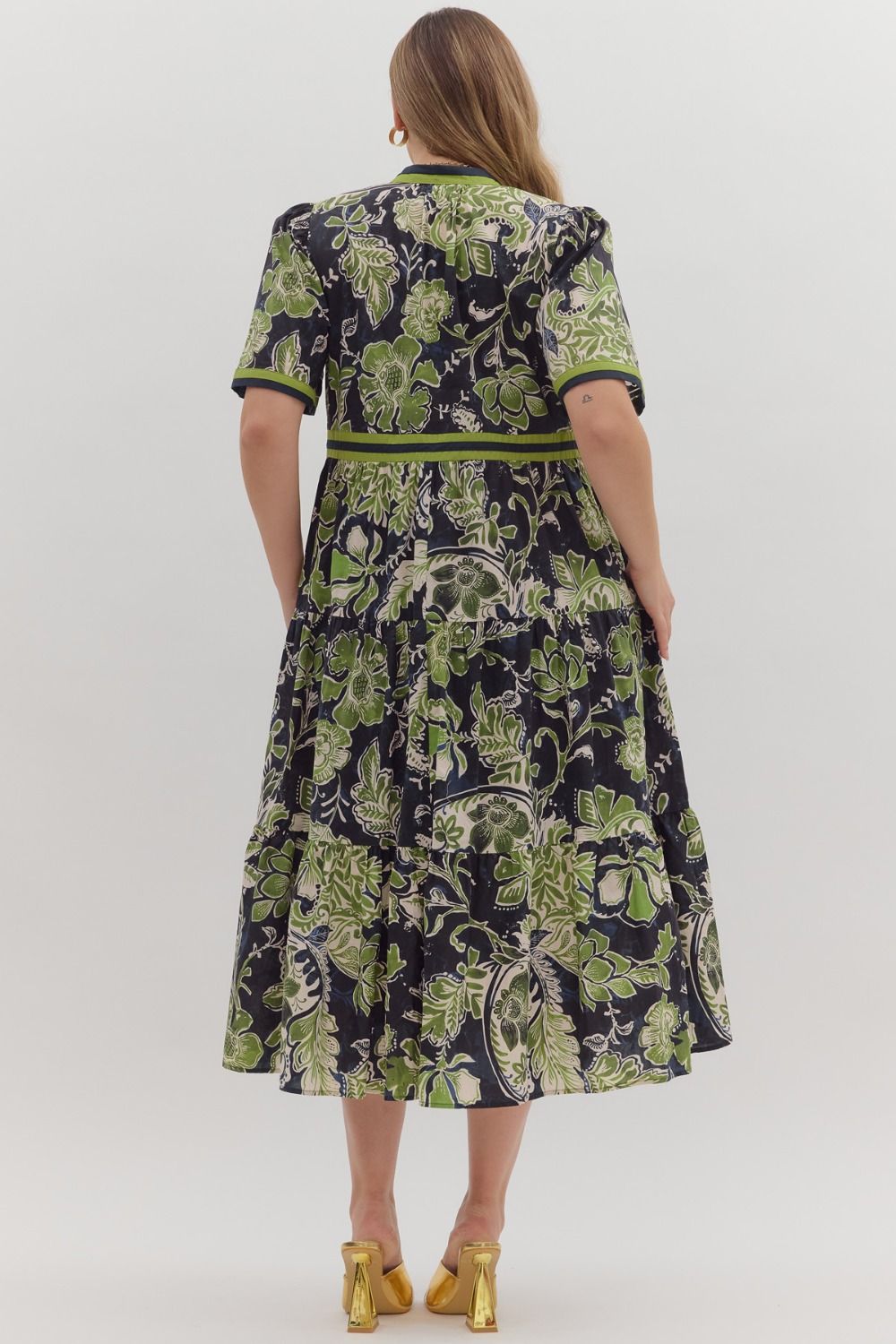 Floral Print Midi Dress with Contrast Trim