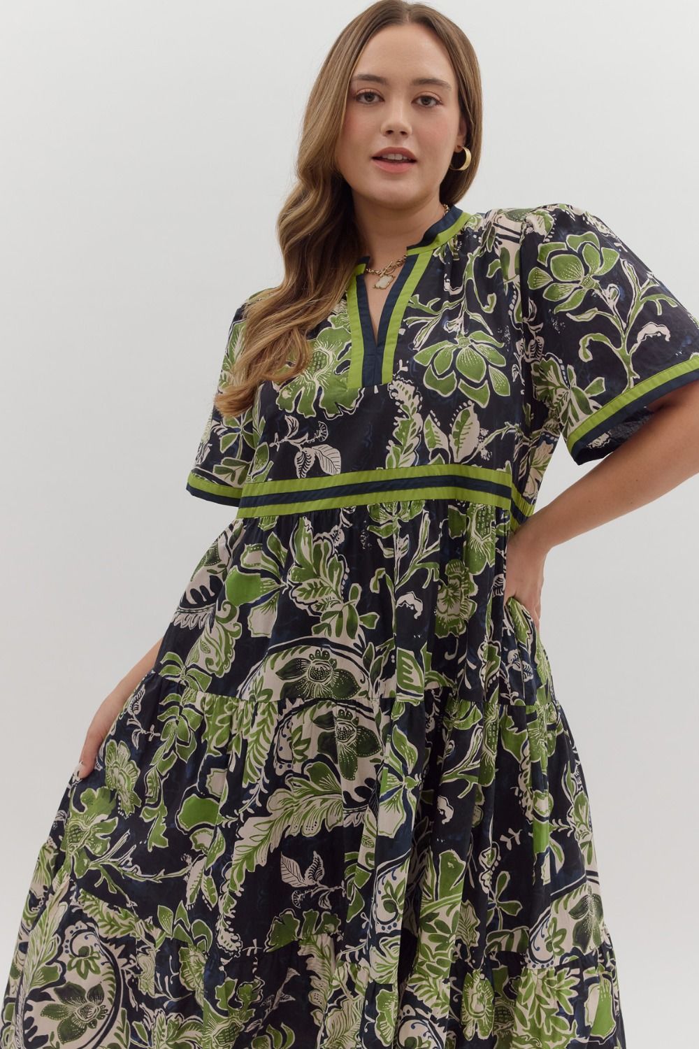 Floral Print Midi Dress with Contrast Trim