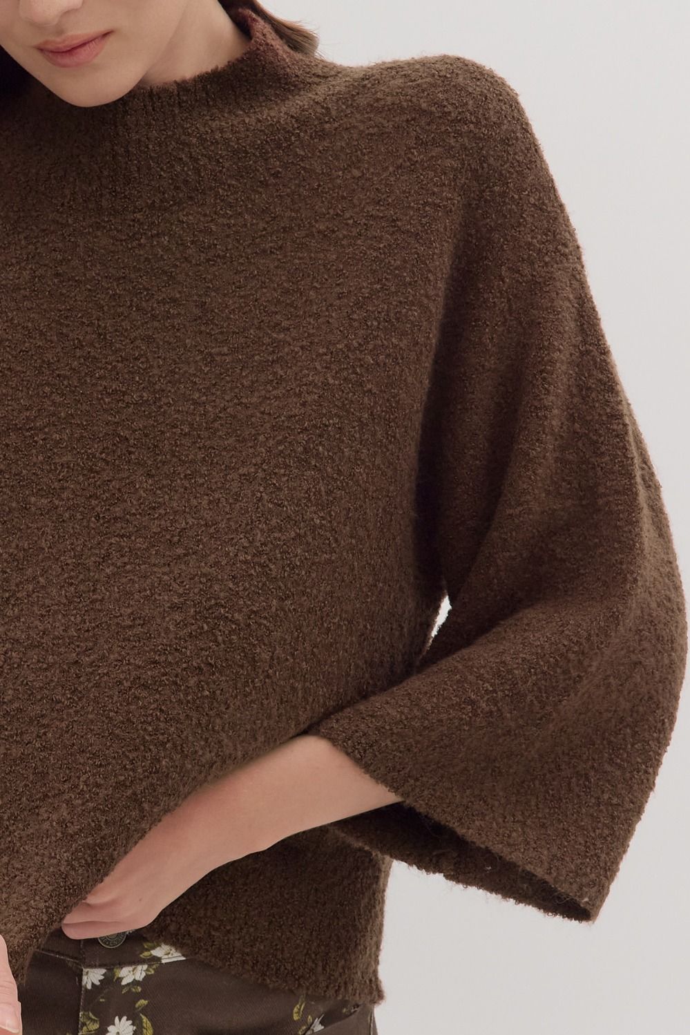 3/4 Sleeve Mock Neck Boucle Sweater Knit Top