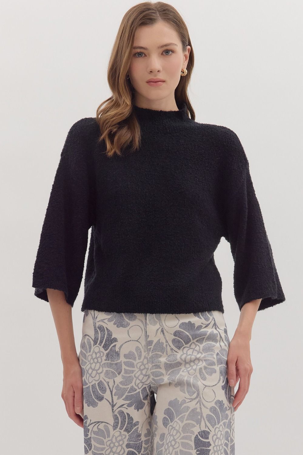 3/4 Sleeve Mock Neck Boucle Sweater Knit Top