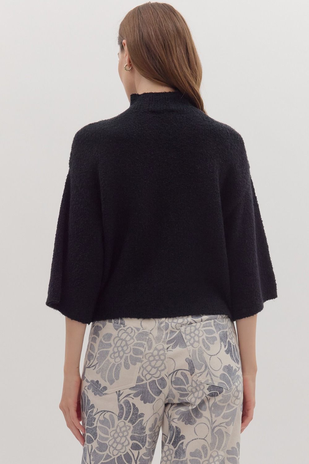 3/4 Sleeve Mock Neck Boucle Sweater Knit Top