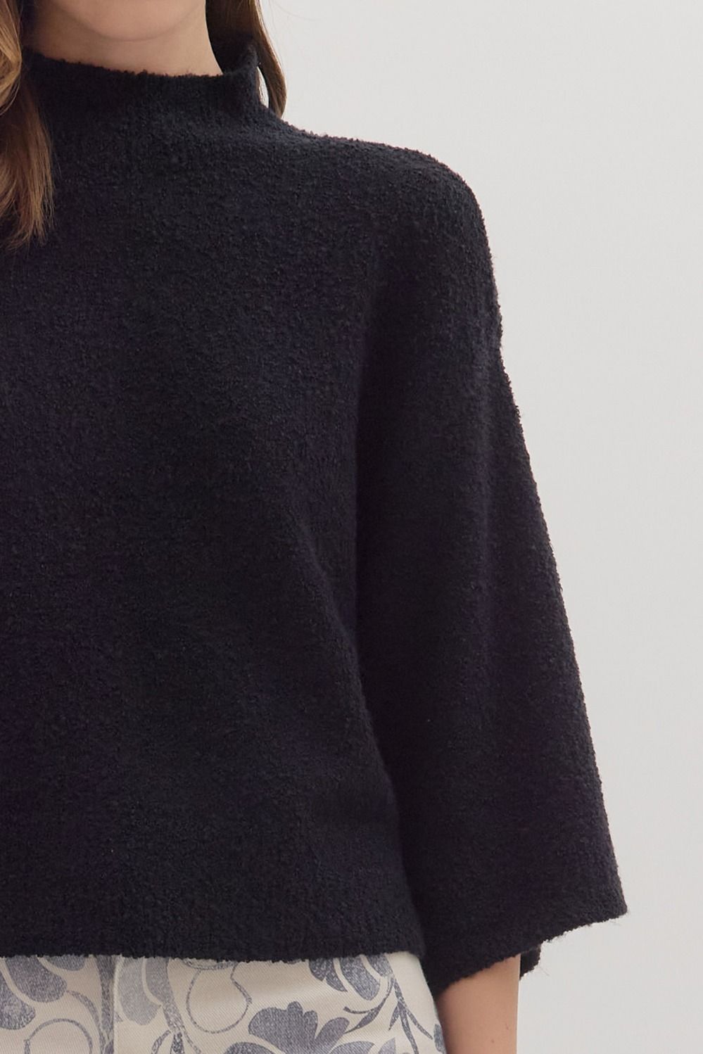 3/4 Sleeve Mock Neck Boucle Sweater Knit Top