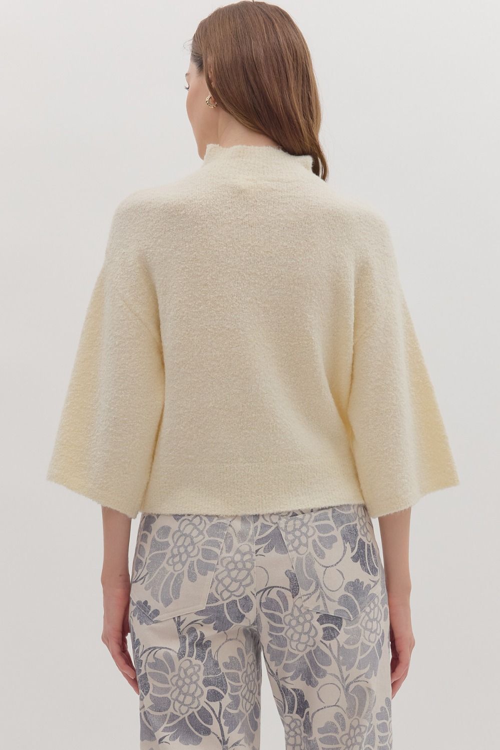 3/4 Sleeve Mock Neck Boucle Sweater Knit Top