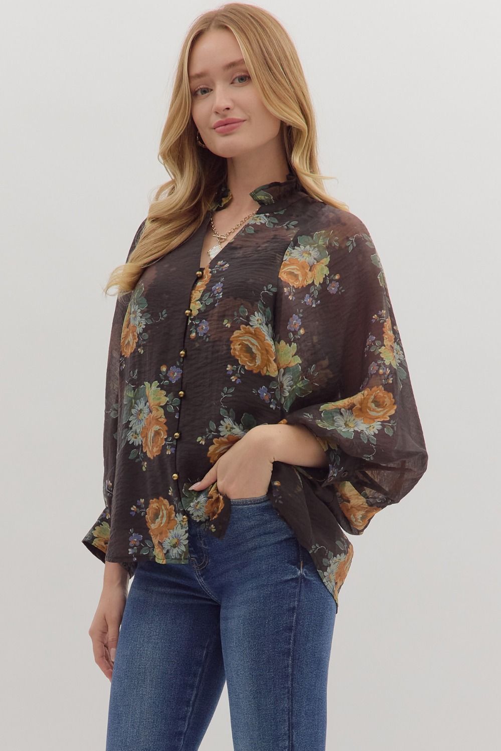 Floral Puff Sleeve Ruffle Collar Top