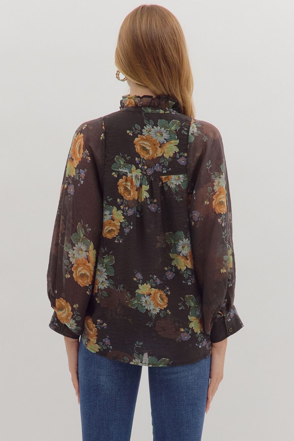 Floral Puff Sleeve Ruffle Collar Top