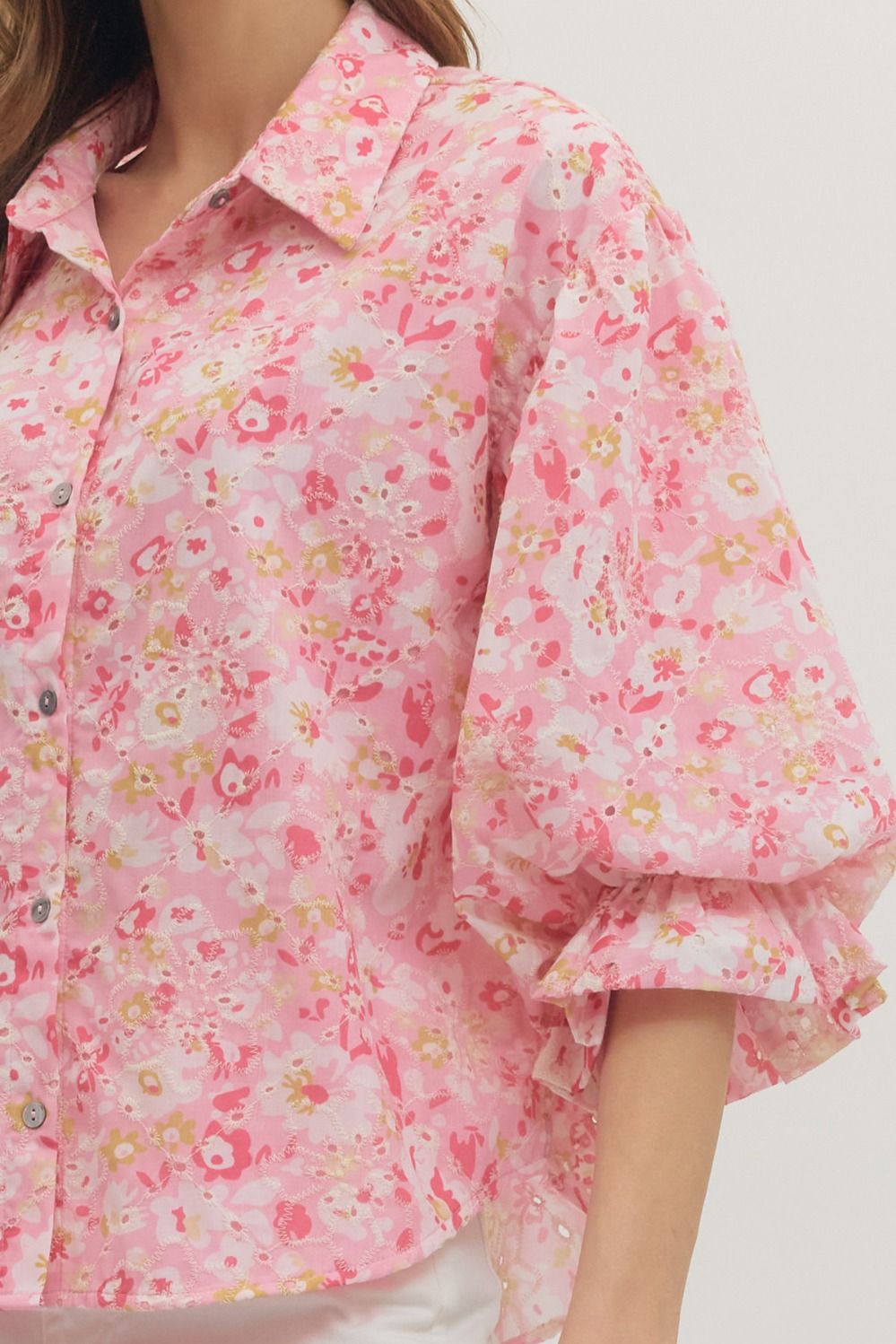 Cutesy Pink Button Down Floral Top